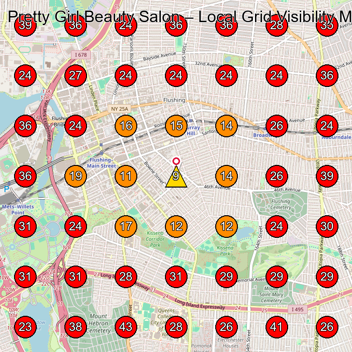 Pretty Girl Beauty Salon GeoGrid visibility map for Beauty Salon in Queens